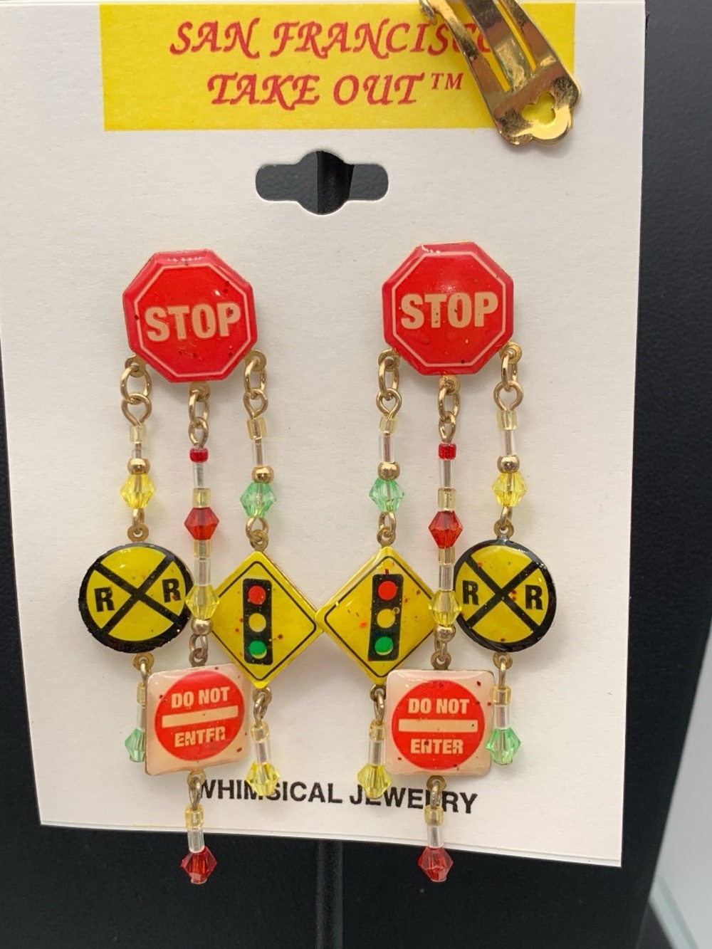 Vintage NOS Whimsical Traffic Sign Drop pierced Earrings - Red, Yellow & Green